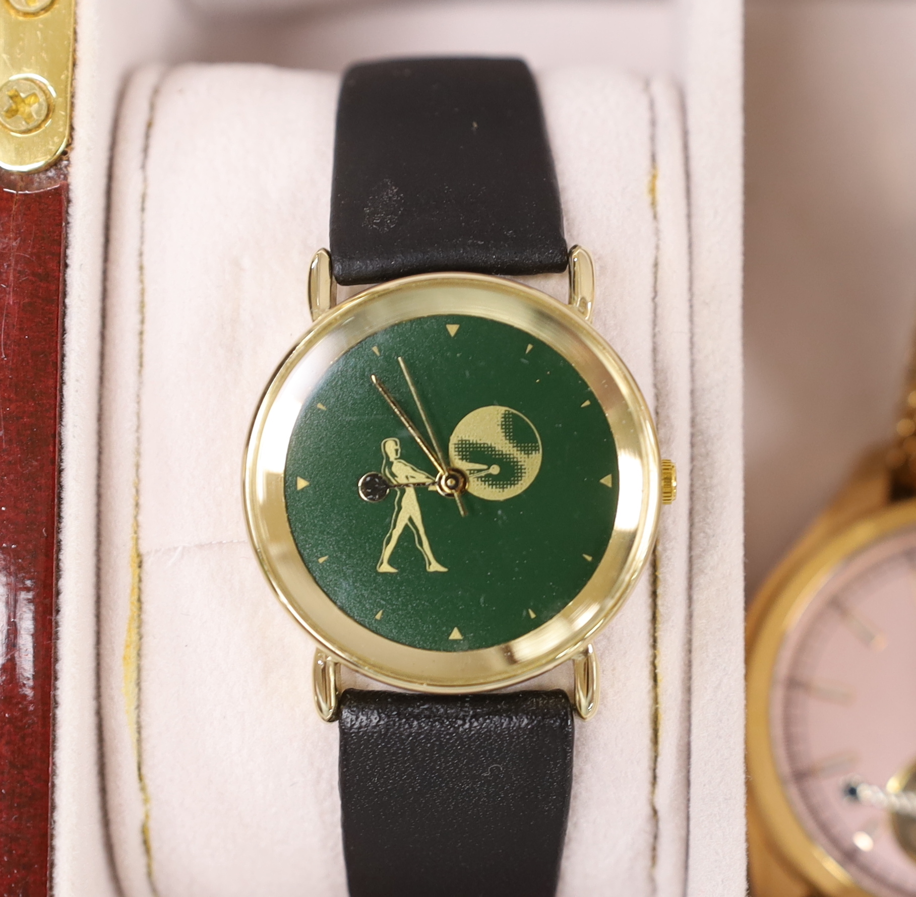 Five gentleman's assorted modern gilt metal or steel wrist watches, including Christin Lars, Labelle & Son, Bermuda Watch Co and Raoul U. Brawn and a lady's Strada quartz wrist watch.